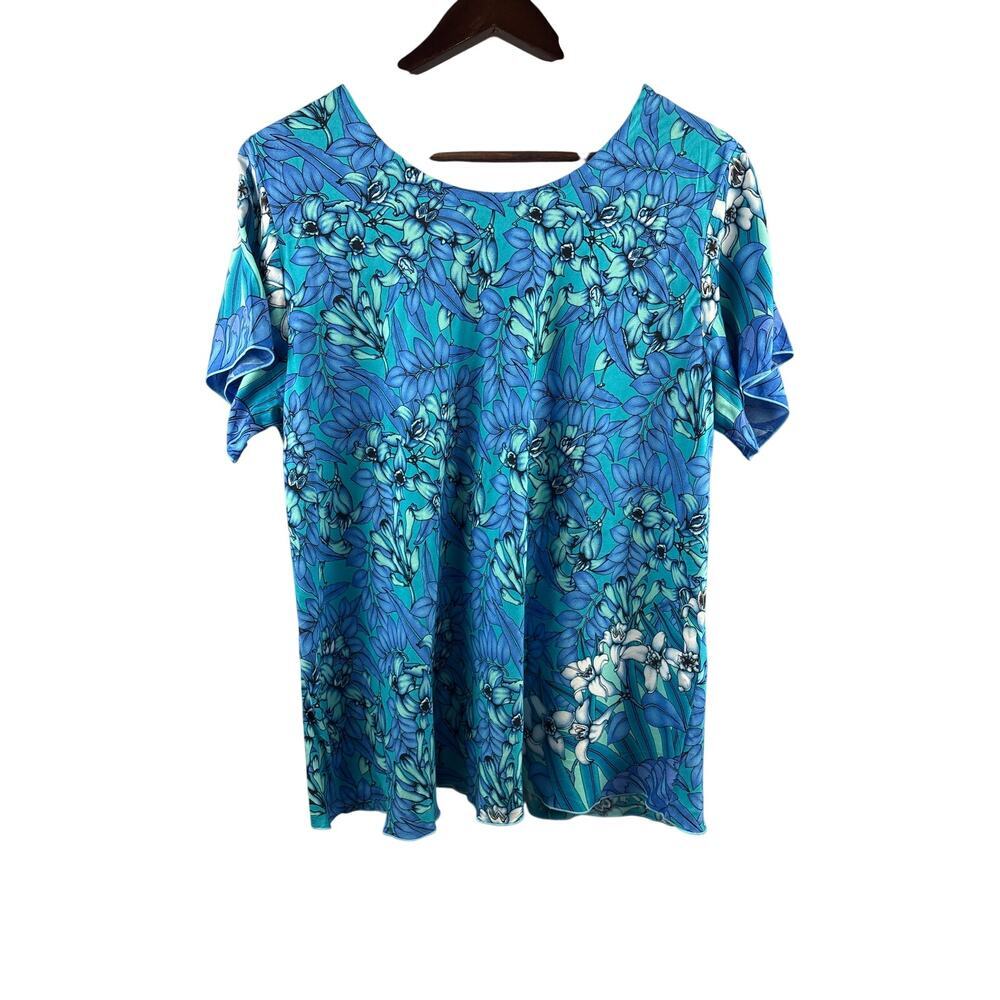 Women’s Rainbow Jo 1XL Blue Floral Short Sleeve Blouse - Picture 3 of 6